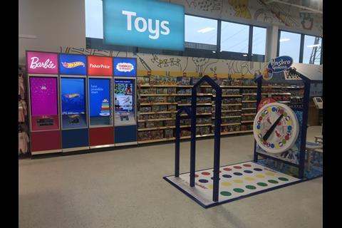 The toys section is much more experiential, with wider aisles offering space for children to play Twister, and interactive screens showing video demonstrations of selected products.